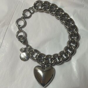Chico's Heavy Silver Tone Chain Link Bracelet with Large Dangling Puffed Heart